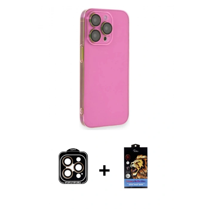 MARSİLYAN™- iPhone 14 Pro Max Kılıf Siluet Minimal Özel Seri - Siyah Buffer Hayalet Cam Ekran Koruyucu + Turuncu PVD Metal Kamera Lens