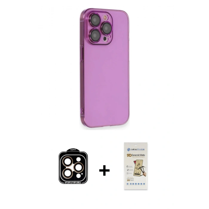 MARSİLYAN™- iPhone 14 Pro Max Kılıf Siluet Minimal Özel Seri - Siyah Mat Seramik Nano Ekran Koruyucu + Turuncu PVD Metal Kamera Lens