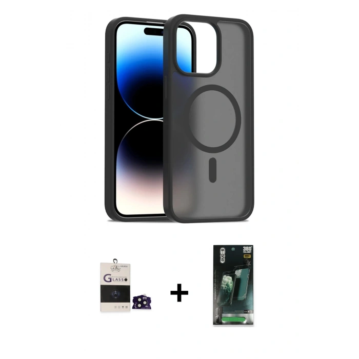 MARSİLYAN™- iPhone 14 Pro Max Kılıf Siluet Minimal Prime - Şeffaf 360 Full Body Arka Koruyucu + Siyah Bilvis Titan Kamera Lens