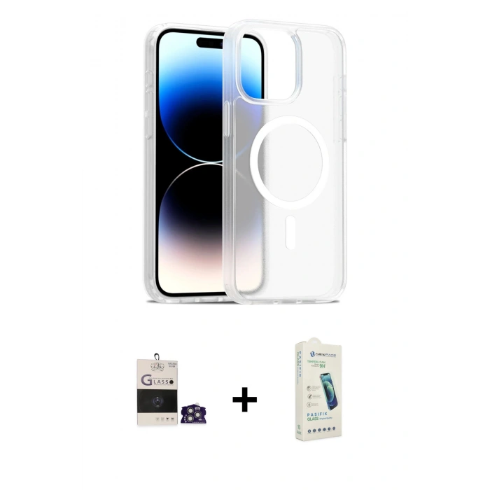 MARSİLYAN™- iPhone 14 Pro Max Kılıf Siluet Minimal Prime - Şeffaf Pasifik Cam Ekran Koruyucu + Bilvis Titan Kamera Lens - GS