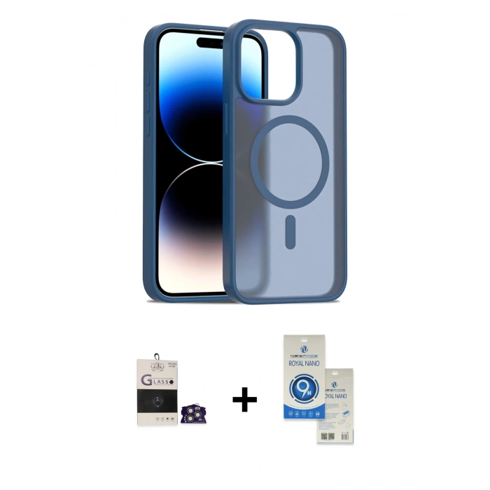 MARSİLYAN™- iPhone 14 Pro Max Kılıf Siluet Minimal Prime - Şeffaf Royal Nano Ekran Koruyucu + Gümüş Bilvis Titan Kamera Lens
