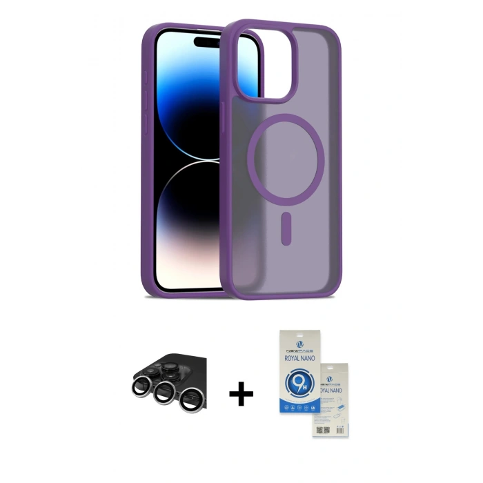 MARSİLYAN™- iPhone 14 Pro Max Kılıf Siluet Minimal Prime - Şeffaf Royal Nano Ekran Koruyucu + Raze Metal Kamera Lens - GS