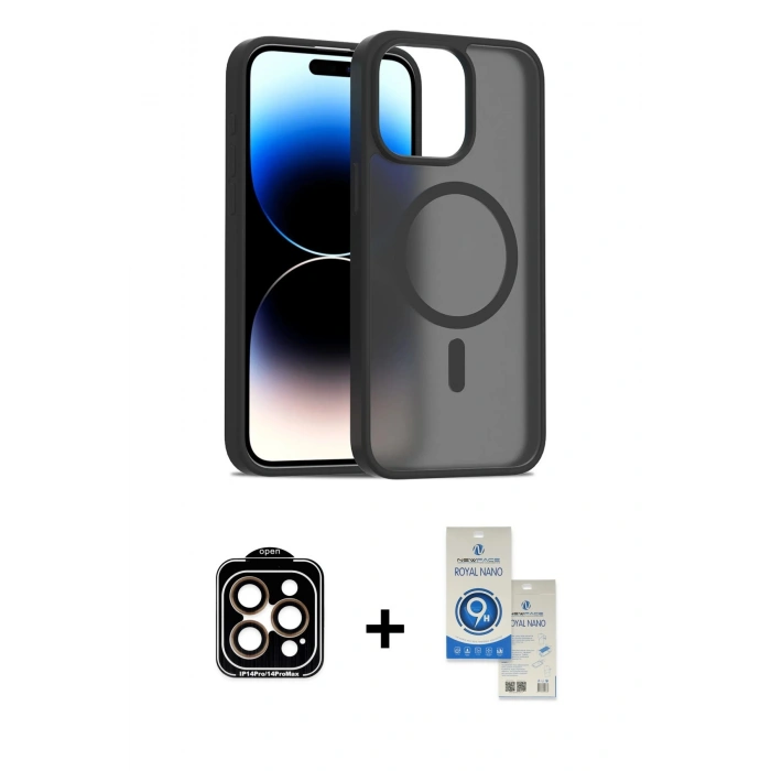 MARSİLYAN™- iPhone 14 Pro Max Kılıf Siluet Minimal Prime - Şeffaf Royal Nano Ekran Koruyucu + PVD Metal Kamera Lens - TU