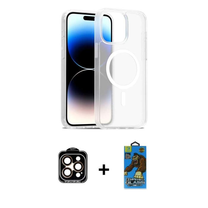 MARSİLYAN™- iPhone 14 Pro Max Kılıf Siluet Minimal Prime - Siyah 18D Cam Ekran Koruyucu + PVD Metal Kamera Lens - TU