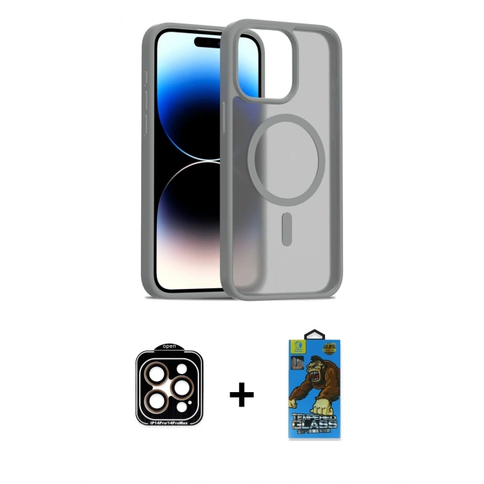 MARSİLYAN™- iPhone 14 Pro Max Kılıf Siluet Minimal Prime - Siyah 18D Cam Ekran Koruyucu + PVD Metal Kamera Lens - TU