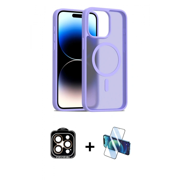MARSİLYAN™- iPhone 14 Pro Max Kılıf Siluet Minimal Prime - Siyah 3D Antistatik Cam Ekran Koruyucu + PVD Metal Kamera Lens - TU
