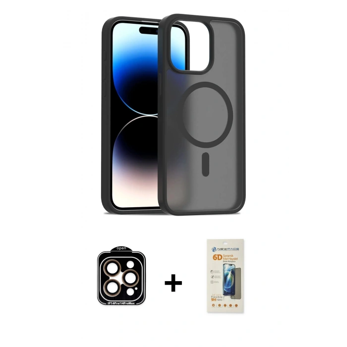 MARSİLYAN™- iPhone 14 Pro Max Kılıf Siluet Minimal Prime - Siyah 6D Mat Seramik Hayalet Nano Ekran Koruyucu + PVD Metal Kamera Lens - TU