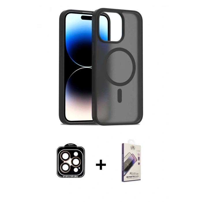 MARSİLYAN™- iPhone 14 Pro Max Kılıf Siluet Minimal Prime - Siyah Bilvis 3D Mat Cam Ekran Koruyucu + PVD Metal Kamera Lens - TU