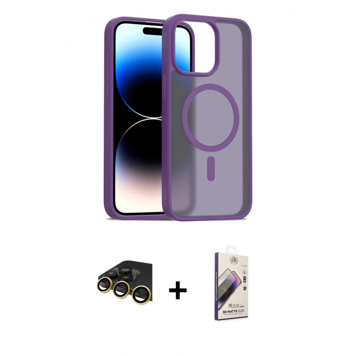 MARSİLYAN™- iPhone 14 Pro Max Kılıf Siluet Minimal Prime - Siyah Bilvis 3D Mat Cam Ekran Koruyucu + Raze Metal Kamera Lens - GD