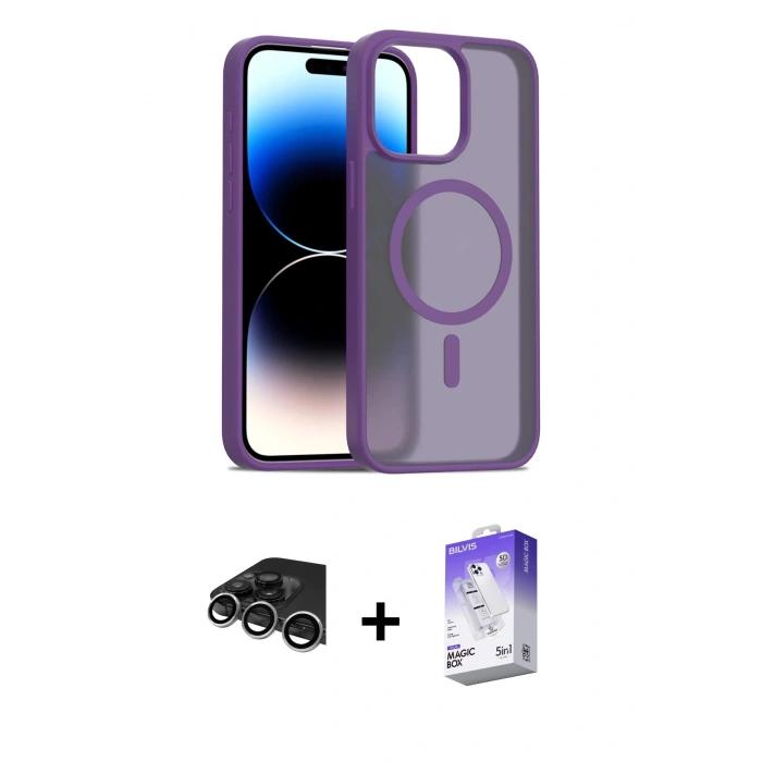 MARSİLYAN™- iPhone 14 Pro Max Kılıf Siluet Minimal Prime - Siyah Bilvis 5in1 3D Magic Cam Ekran Koruyucu + Raze Metal Kamera Lens - GS