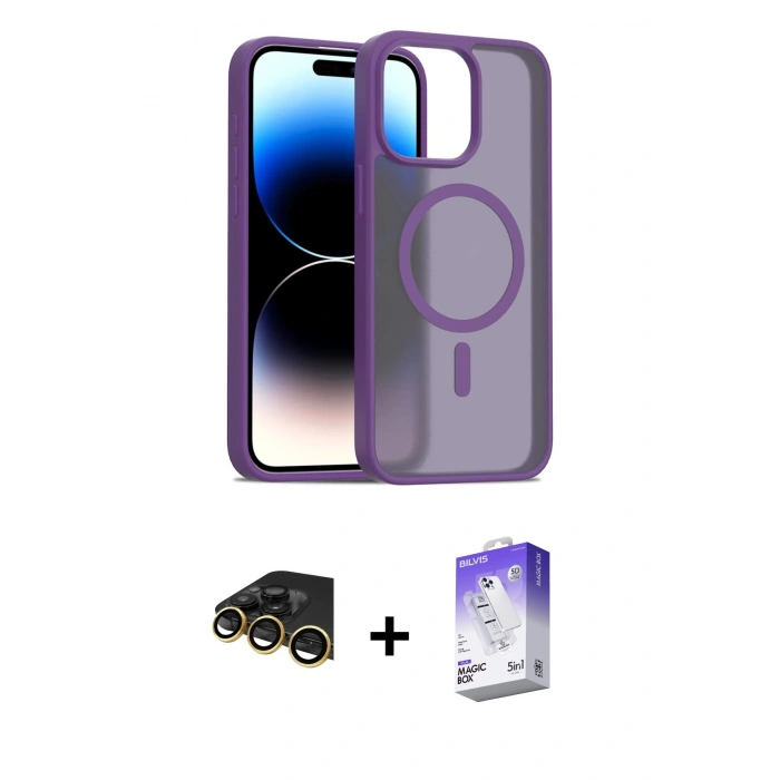 MARSİLYAN™- iPhone 14 Pro Max Kılıf Siluet Minimal Prime - Siyah Bilvis 5in1 3D Magic Cam Ekran Koruyucu + Raze Metal Kamera Lens - GD