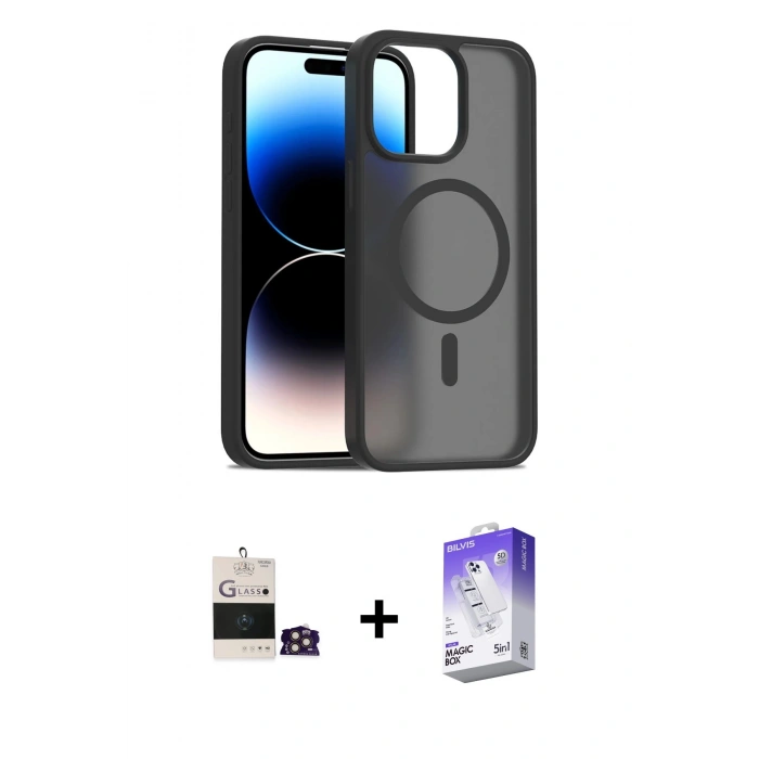 MARSİLYAN™- iPhone 14 Pro Max Kılıf Siluet Minimal Prime - Siyah Bilvis 5in1 3D Magic Cam Ekran Koruyucu + Gold Bilvis Titan Kamera Lens