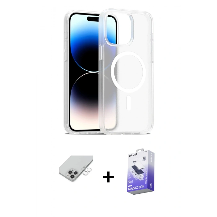 MARSİLYAN™- iPhone 14 Pro Max Kılıf Siluet Minimal Prime - Siyah Bilvis 5in1 5D Magic Hayalet Cam Ekran Koruyucu + Band Metal Kamera Lens - GS