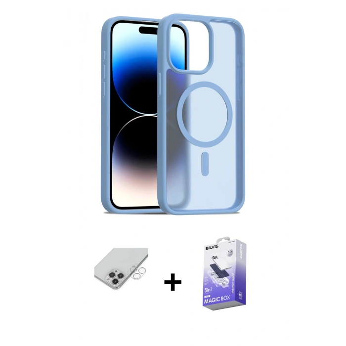 MARSİLYAN™- iPhone 14 Pro Max Kılıf Siluet Minimal Prime - Siyah Bilvis 5in1 5D Magic Hayalet Cam Ekran Koruyucu + Band Metal Kamera Lens - GS