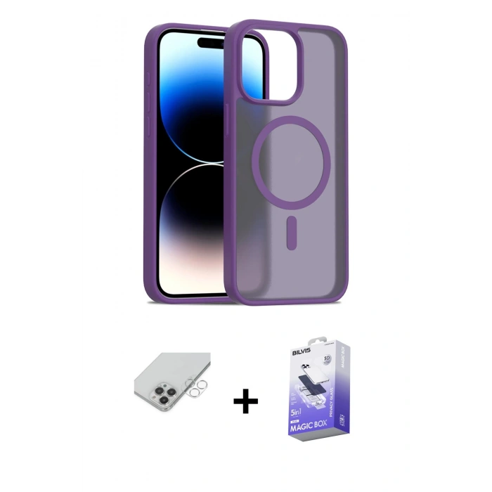 MARSİLYAN™- iPhone 14 Pro Max Kılıf Siluet Minimal Prime - Siyah Bilvis 5in1 5D Magic Hayalet Cam Ekran Koruyucu + Band Metal Kamera Lens - GS