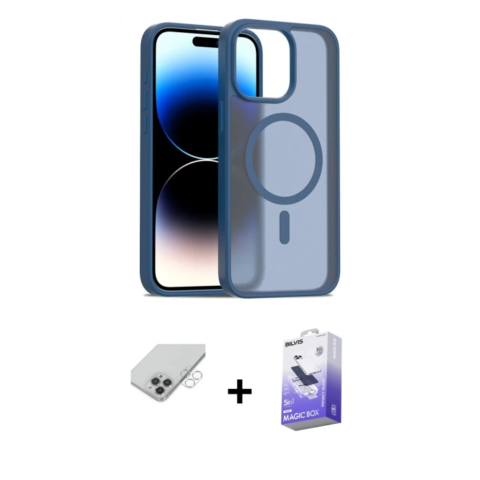 MARSİLYAN™- iPhone 14 Pro Max Kılıf Siluet Minimal Prime - Siyah Bilvis 5in1 5D Magic Hayalet Cam Ekran Koruyucu + Band Metal Kamera Lens - GS