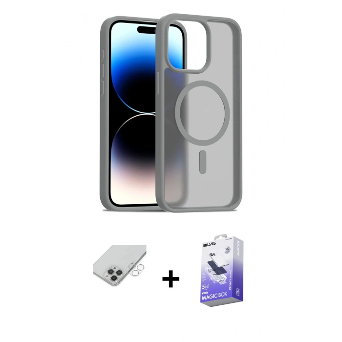 MARSİLYAN™- iPhone 14 Pro Max Kılıf Siluet Minimal Prime - Siyah Bilvis 5in1 5D Magic Hayalet Cam Ekran Koruyucu + Band Metal Kamera Lens - GS