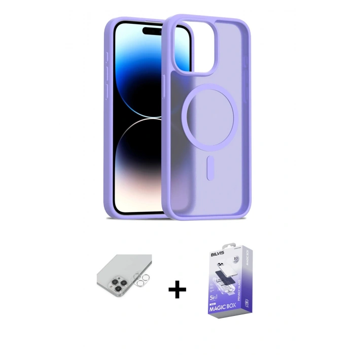 MARSİLYAN™- iPhone 14 Pro Max Kılıf Siluet Minimal Prime - Siyah Bilvis 5in1 5D Magic Hayalet Cam Ekran Koruyucu + Band Metal Kamera Lens - GS