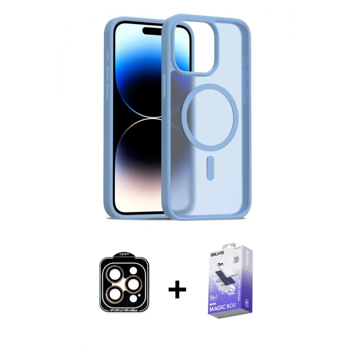 MARSİLYAN™- iPhone 14 Pro Max Kılıf Siluet Minimal Prime - Siyah Bilvis 5in1 5D Magic Hayalet Cam Ekran Koruyucu + PVD Metal Kamera Lens - TU