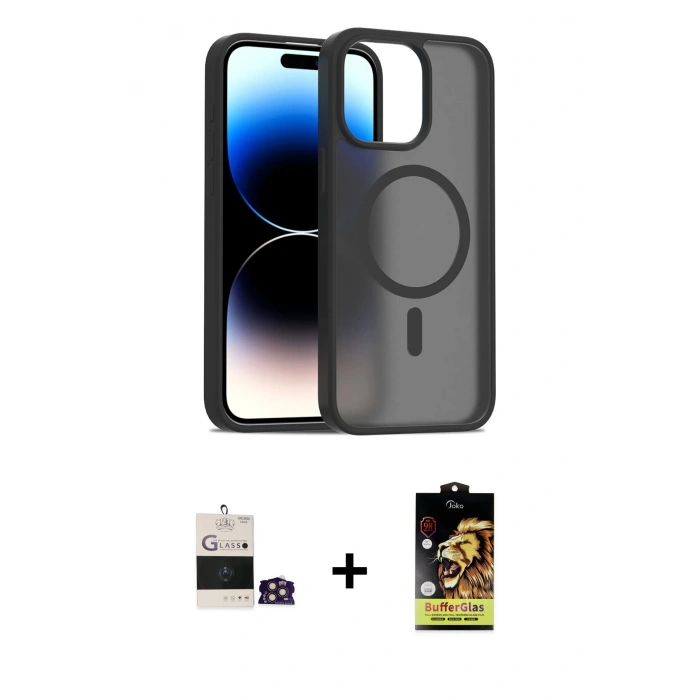 MARSİLYAN™- iPhone 14 Pro Max Kılıf Siluet Minimal Prime - Siyah Buffer Cam Ekran Koruyucu + Bilvis Titan Kamera Lens - GD