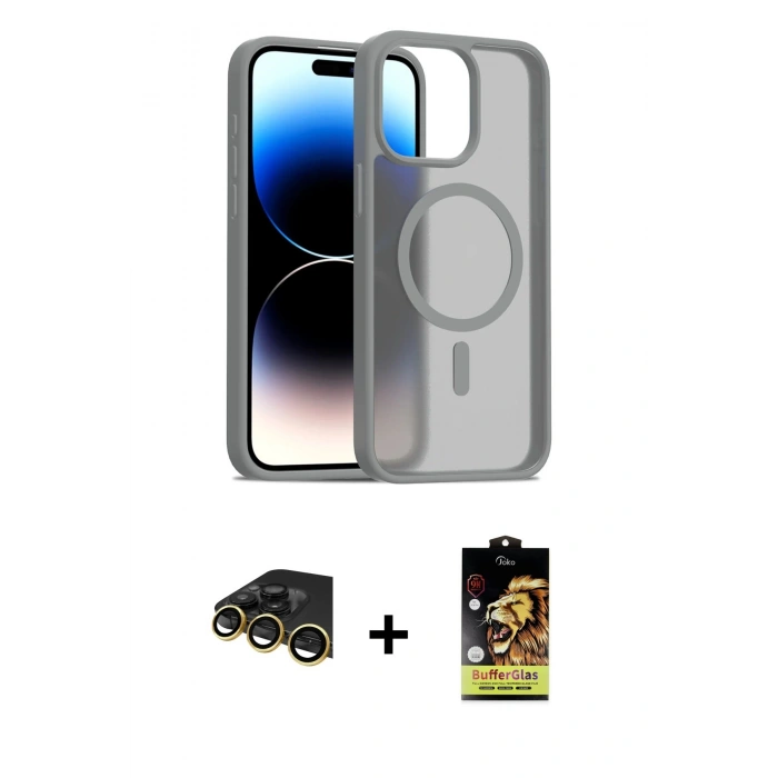 MARSİLYAN™- iPhone 14 Pro Max Kılıf Siluet Minimal Prime - Siyah Buffer Cam Ekran Koruyucu + Gold Raze Metal Kamera Lens