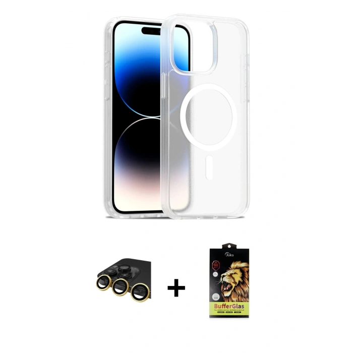 MARSİLYAN™- iPhone 14 Pro Max Kılıf Siluet Minimal Prime - Siyah Buffer Cam Ekran Koruyucu + Gold Raze Metal Kamera Lens