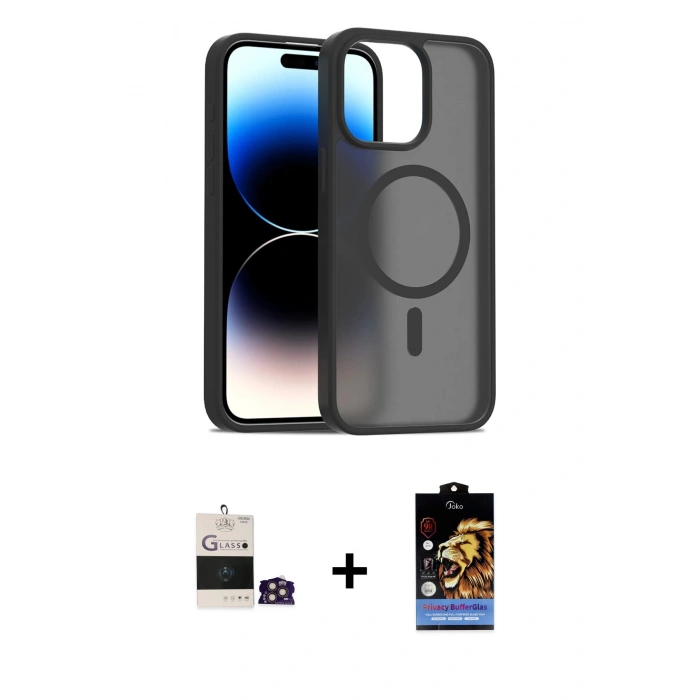 MARSİLYAN™- iPhone 14 Pro Max Kılıf Siluet Minimal Prime - Siyah Buffer Hayalet Cam Ekran Koruyucu + Bilvis Titan Kamera Lens - GD
