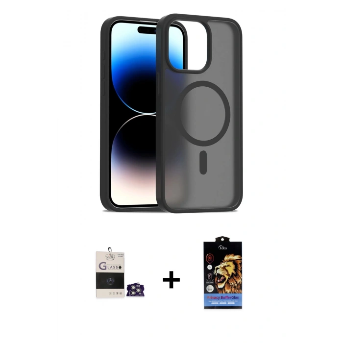 MARSİLYAN™- iPhone 14 Pro Max Kılıf Siluet Minimal Prime - Siyah Buffer Hayalet Cam Ekran Koruyucu + Bilvis Titan Kamera Lens - GS