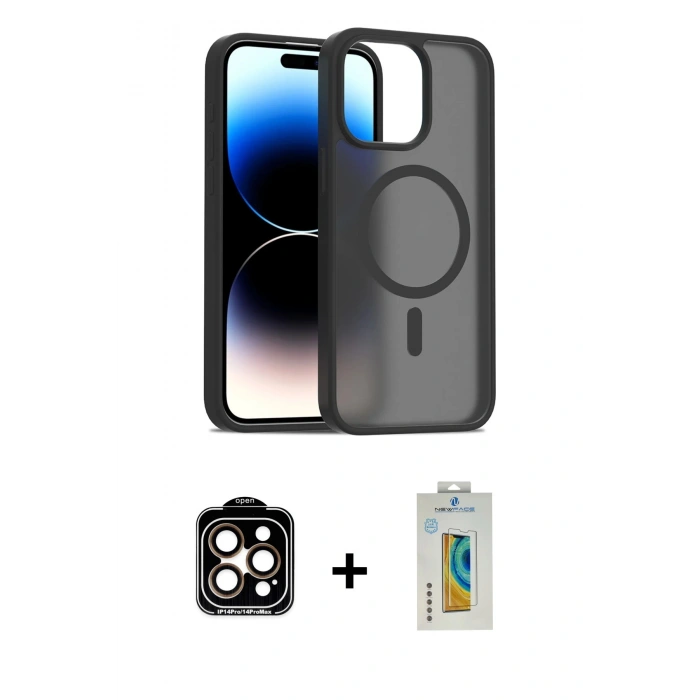 MARSİLYAN™- iPhone 14 Pro Max Kılıf Siluet Minimal Prime - Siyah Polymer Nano Ekran Koruyucu + PVD Metal Kamera Lens - TU