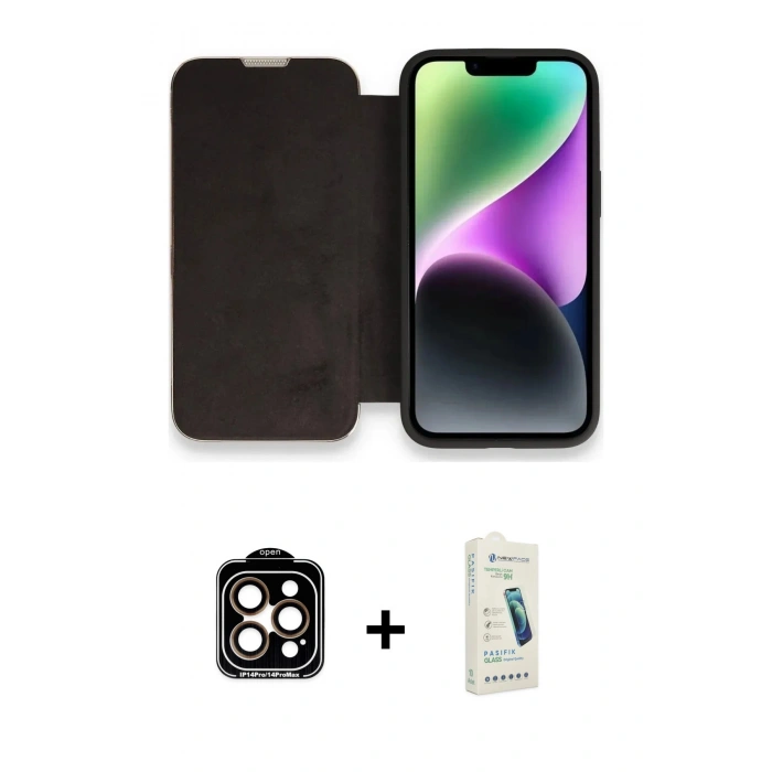 MARSİLYAN™- iPhone 14 Pro Max Kılıf Siluet Minimal Serisi - Şeffaf Pasifik Cam Ekran Koruyucu + Turuncu PVD Metal Kamera Lens