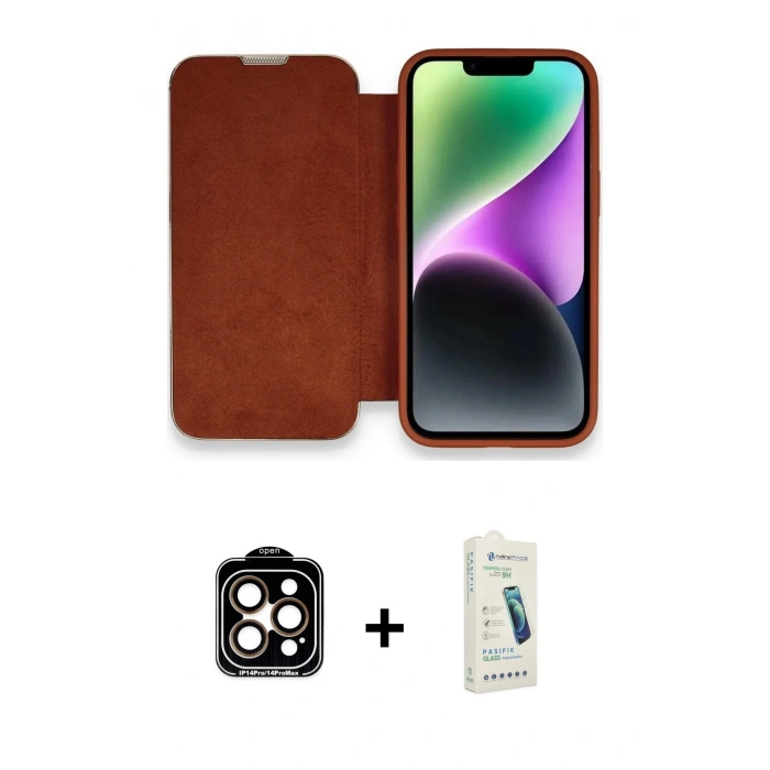 MARSİLYAN™- iPhone 14 Pro Max Kılıf Siluet Minimal Serisi - Şeffaf Pasifik Cam Ekran Koruyucu + Turuncu PVD Metal Kamera Lens