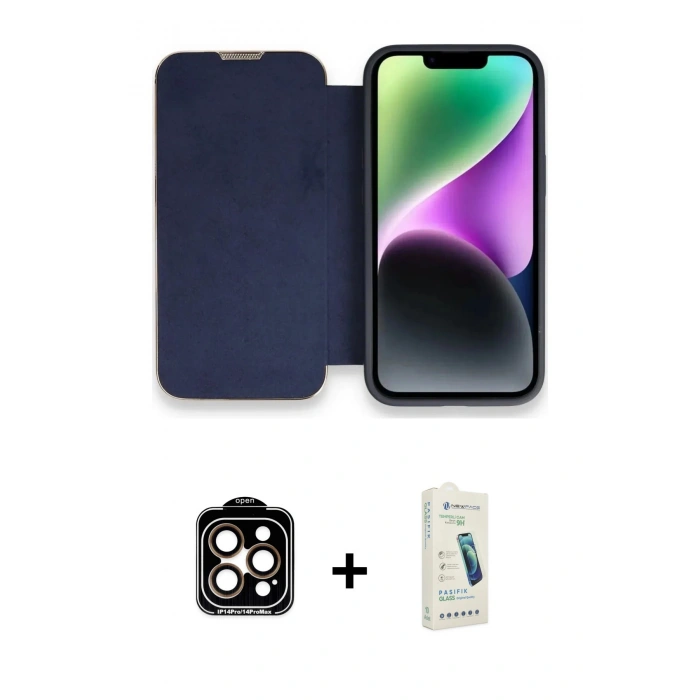 MARSİLYAN™- iPhone 14 Pro Max Kılıf Siluet Minimal Serisi - Şeffaf Pasifik Cam Ekran Koruyucu + Turuncu PVD Metal Kamera Lens
