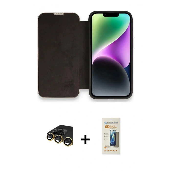 MARSİLYAN™- iPhone 14 Pro Max Kılıf Siluet Minimal Serisi - Siyah 6D Mat Seramik Hayalet Nano Ekran Koruyucu + Gold Raze Metal Kamera Lens