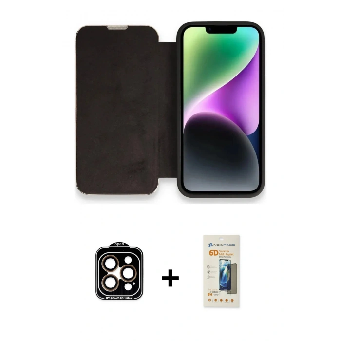 MARSİLYAN™- iPhone 14 Pro Max Kılıf Siluet Minimal Serisi - Siyah 6D Mat Seramik Hayalet Nano Ekran Koruyucu + PVD Metal Kamera Lens - TU