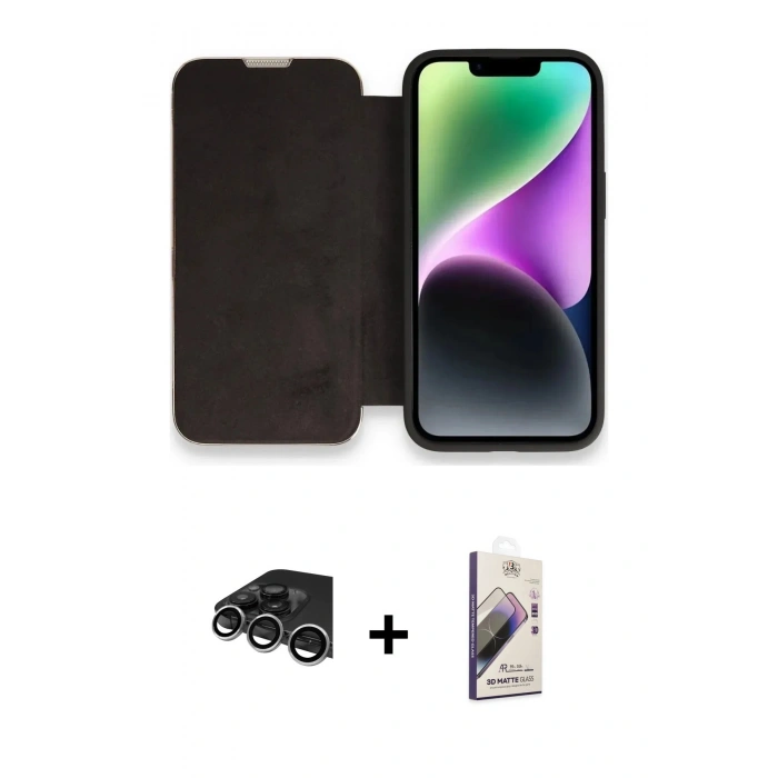 MARSİLYAN™- iPhone 14 Pro Max Kılıf Siluet Minimal Serisi - Siyah Bilvis 3D Mat Cam Ekran Koruyucu + Raze Metal Kamera Lens - GS