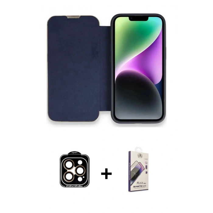 MARSİLYAN™- iPhone 14 Pro Max Kılıf Siluet Minimal Serisi - Siyah Bilvis 3D Mat Cam Ekran Koruyucu + PVD Metal Kamera Lens - TU