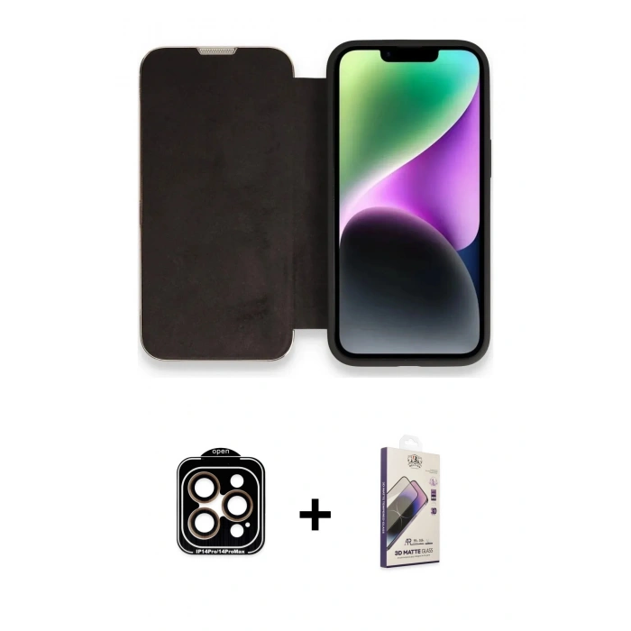 MARSİLYAN™- iPhone 14 Pro Max Kılıf Siluet Minimal Serisi - Siyah Bilvis 3D Mat Cam Ekran Koruyucu + PVD Metal Kamera Lens - TU
