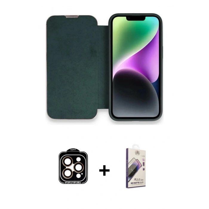 MARSİLYAN™- iPhone 14 Pro Max Kılıf Siluet Minimal Serisi - Siyah Bilvis 3D Mat Cam Ekran Koruyucu + PVD Metal Kamera Lens - TU