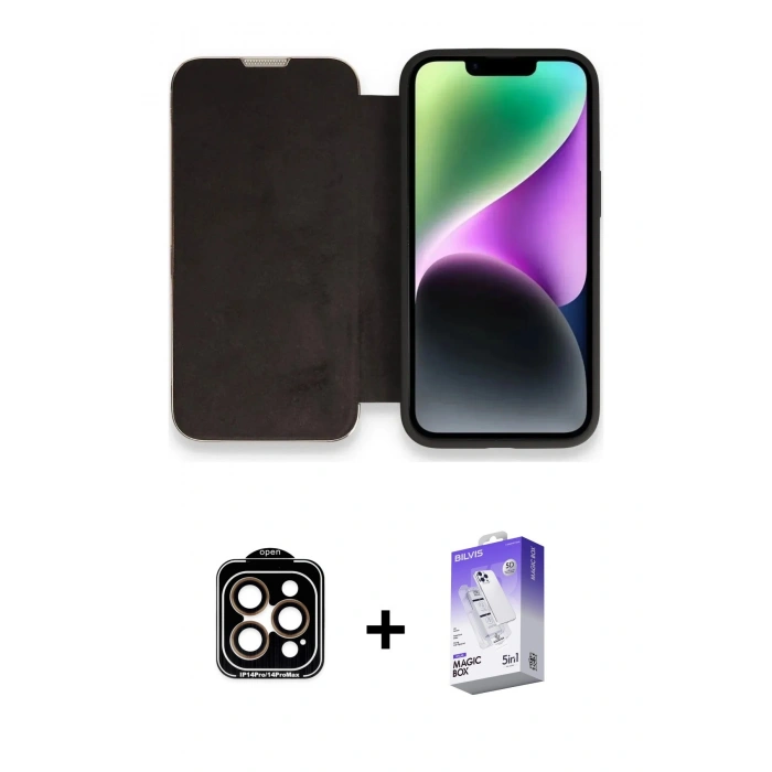 MARSİLYAN™- iPhone 14 Pro Max Kılıf Siluet Minimal Serisi - Siyah Bilvis 5in1 3D Magic Cam Ekran Koruyucu + Turuncu PVD Metal Kamera Lens