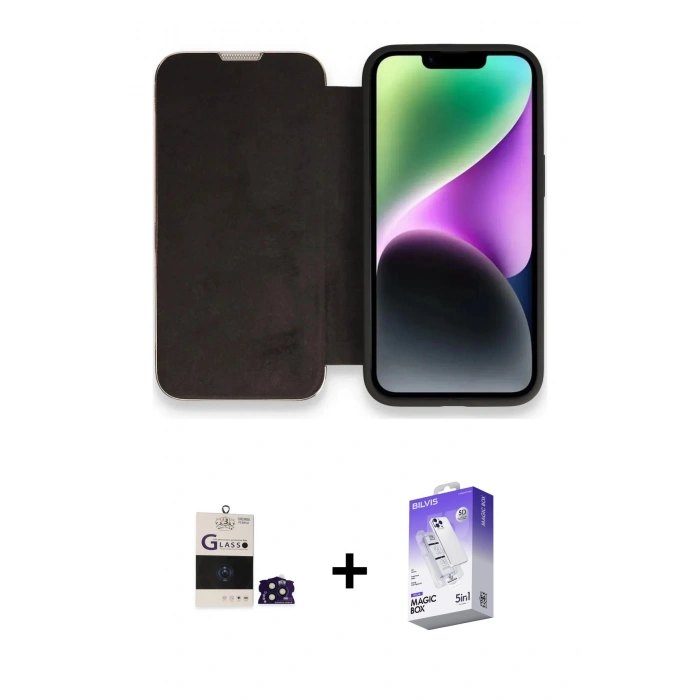 MARSİLYAN™- iPhone 14 Pro Max Kılıf Siluet Minimal Serisi - Siyah Bilvis 5in1 3D Magic Cam Ekran Koruyucu + Derin Mor Bilvis Titan Kamera Lens