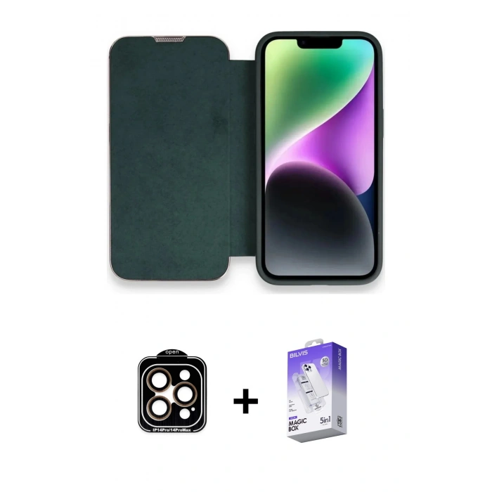 MARSİLYAN™- iPhone 14 Pro Max Kılıf Siluet Minimal Serisi - Siyah Bilvis 5in1 3D Magic Cam Ekran Koruyucu + Turuncu PVD Metal Kamera Lens