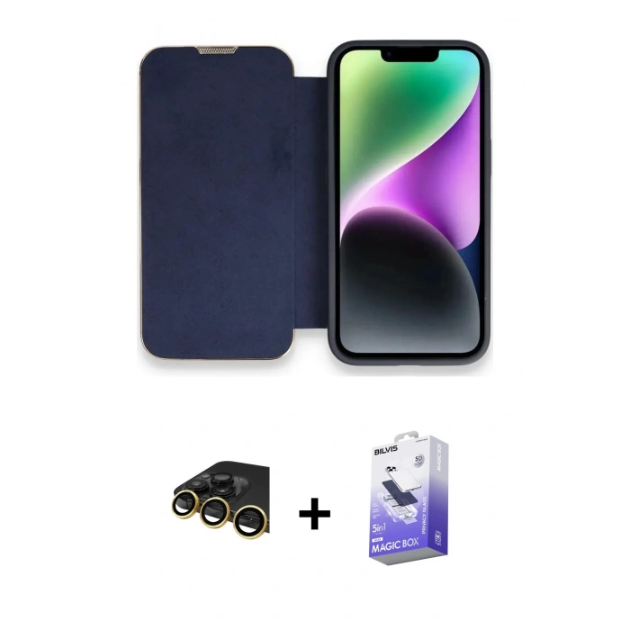 MARSİLYAN™- iPhone 14 Pro Max Kılıf Siluet Minimal Serisi - Siyah Bilvis 5in1 5D Magic Hayalet Cam Ekran Koruyucu + Raze Metal Kamera Lens - GD