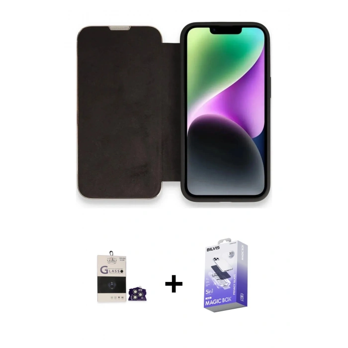 MARSİLYAN™- iPhone 14 Pro Max Kılıf Siluet Minimal Serisi - Siyah Bilvis 5in1 5D Magic Hayalet Cam Ekran Koruyucu + Bilvis Titan Kamera Lens - GS