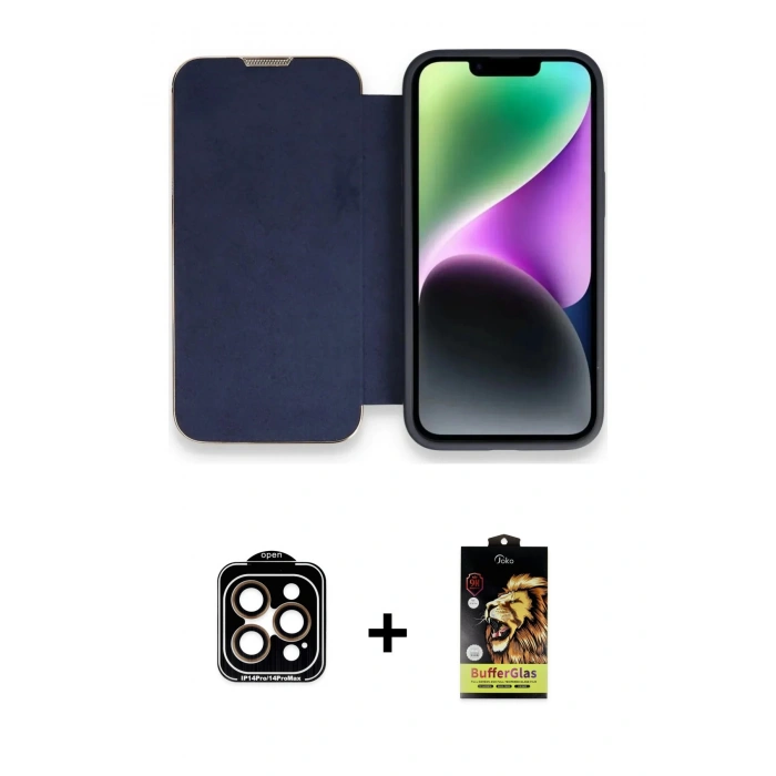 MARSİLYAN™- iPhone 14 Pro Max Kılıf Siluet Minimal Serisi - Siyah Buffer Cam Ekran Koruyucu + PVD Metal Kamera Lens - TU