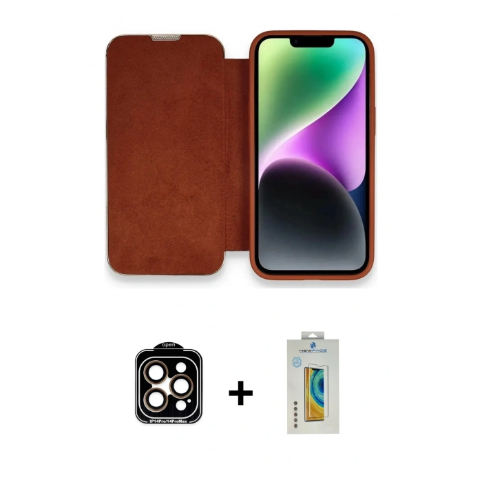 MARSİLYAN™- iPhone 14 Pro Max Kılıf Siluet Minimal Serisi - Siyah Polymer Nano Ekran Koruyucu + Turuncu PVD Metal Kamera Lens