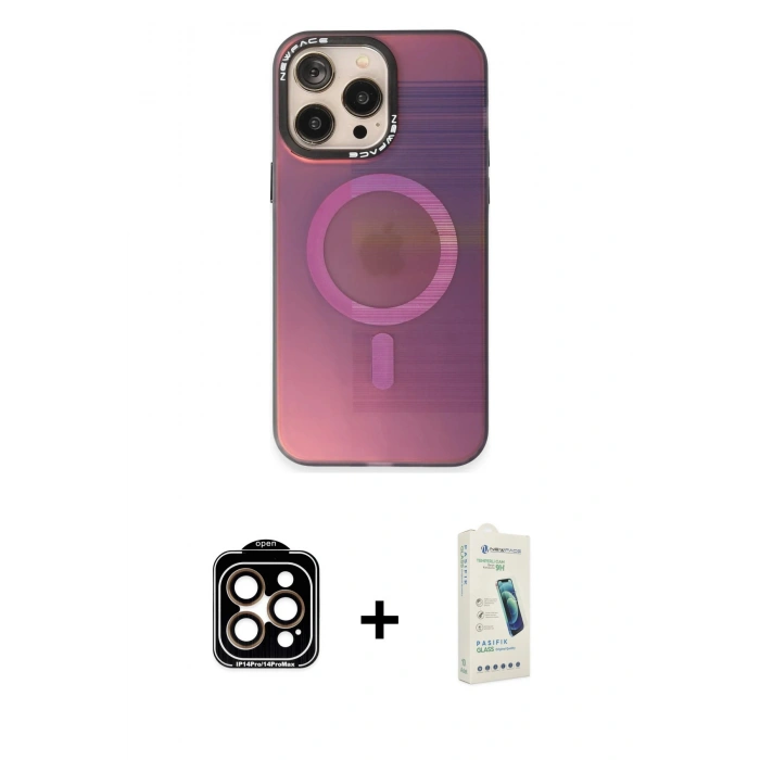 MARSİLYAN™- iPhone 14 Pro Max Kılıf Siluet Modern Koleksiyonu - Şeffaf Pasifik Cam Ekran Koruyucu + PVD Metal Kamera Lens - TU