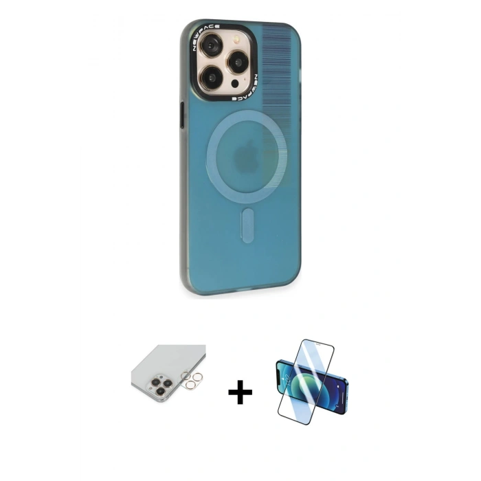 MARSİLYAN™- iPhone 14 Pro Max Kılıf Siluet Modern Koleksiyonu - Siyah 3D Antistatik Cam Ekran Koruyucu + Gold Band Metal Kamera Lens