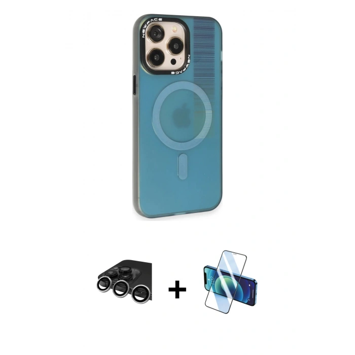 MARSİLYAN™- iPhone 14 Pro Max Kılıf Siluet Modern Koleksiyonu - Siyah 3D Antistatik Cam Ekran Koruyucu + Raze Metal Kamera Lens - GS
