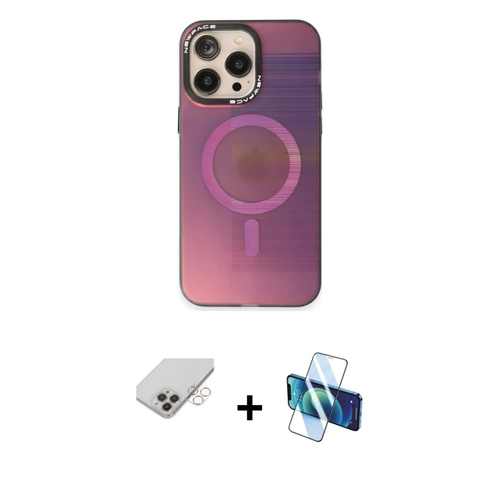 MARSİLYAN™- iPhone 14 Pro Max Kılıf Siluet Modern Koleksiyonu - Siyah 3D Antistatik Cam Ekran Koruyucu + Gold Band Metal Kamera Lens