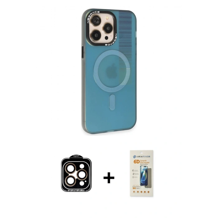 MARSİLYAN™- iPhone 14 Pro Max Kılıf Siluet Modern Koleksiyonu - Siyah 6D Mat Seramik Hayalet Nano Ekran Koruyucu + Turuncu PVD Metal Kamera Lens